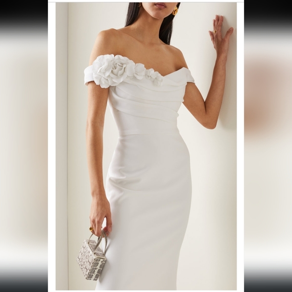 Marchesa Dresses & Skirts - Women's Marchesa White Floral-appliqued Crepe Off-the-shoulder Midi Dress sz8